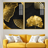 Luxury Black Gold Botanical Ginkgo Leaf Abstract Acrylic Floating Wall Painting Set of 2