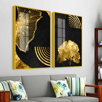 Luxury Black Gold Botanical Ginkgo Leaf Abstract Acrylic Floating Wall Painting Set of 2