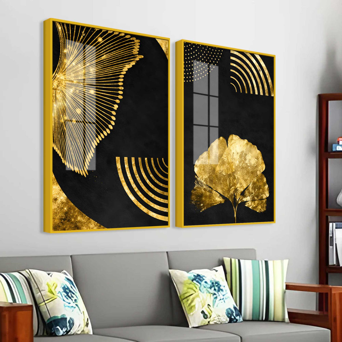 Luxury Black Gold Botanical Ginkgo Leaf Abstract Acrylic Floating Wall Painting Set of 2