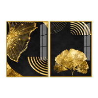 Luxury Black Gold Botanical Ginkgo Leaf Abstract Acrylic Floating Wall Painting Set of 2