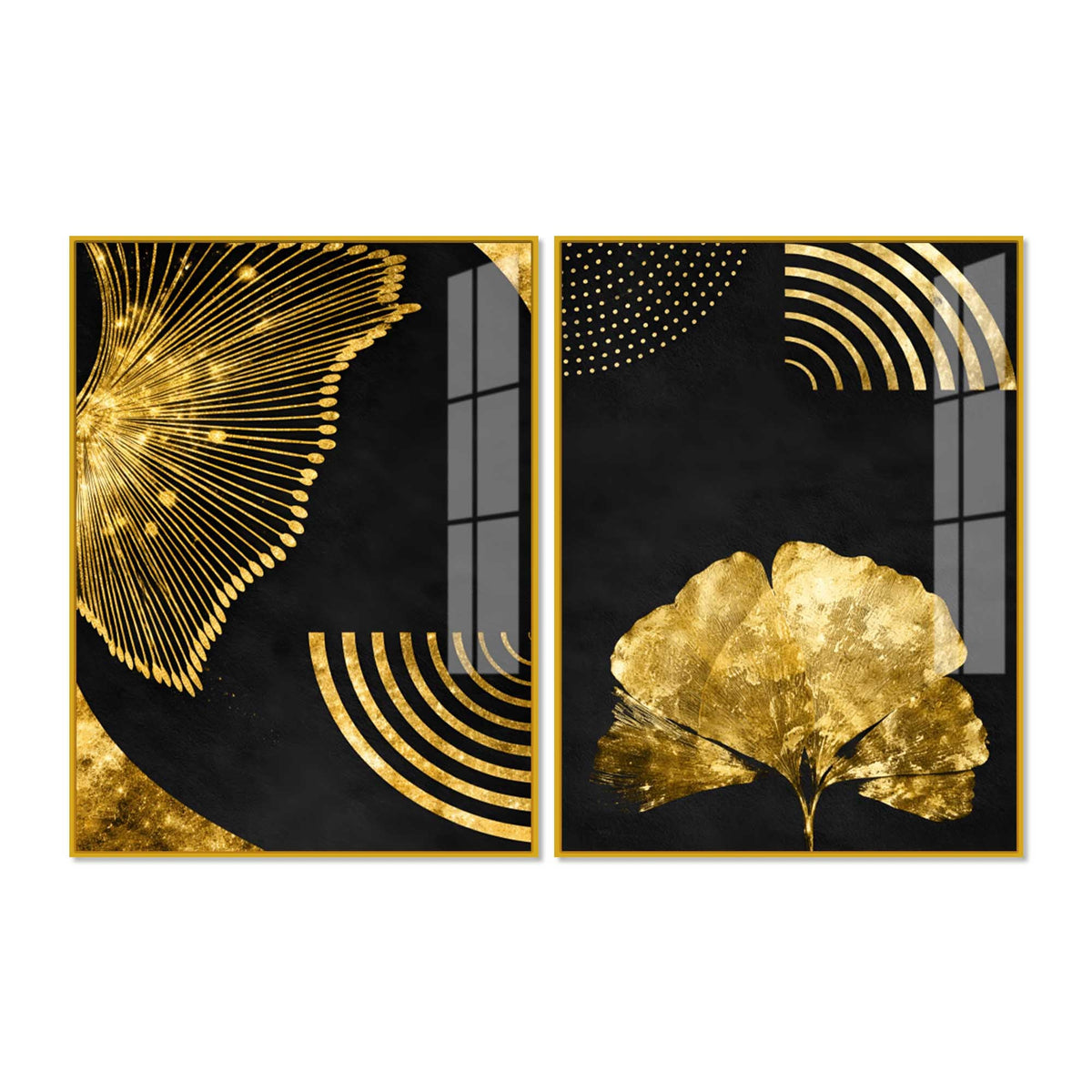 Luxury Black Gold Botanical Ginkgo Leaf Abstract Acrylic Floating Wall Painting Set of 2