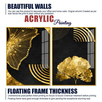 Luxury Black Gold Botanical Ginkgo Leaf Abstract Acrylic Floating Wall Painting Set of 2