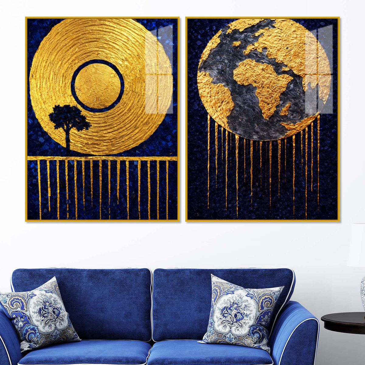 Luxury Blue and Gold Cosmic Earth Acrylic Floating Wall Painting Set of 2