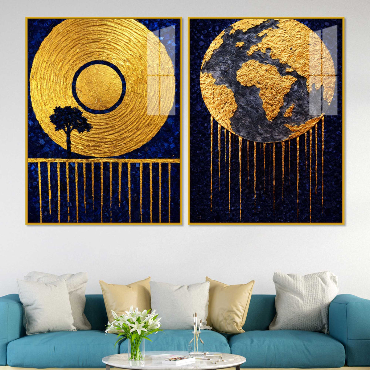 Luxury Blue and Gold Cosmic Earth Acrylic Floating Wall Painting Set of 2