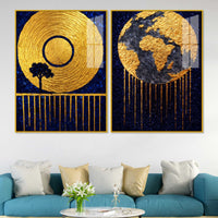 Luxury Blue and Gold Cosmic Earth Acrylic Floating Wall Painting Set of 2