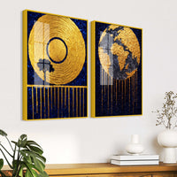 Luxury Blue and Gold Cosmic Earth Acrylic Floating Wall Painting Set of 2