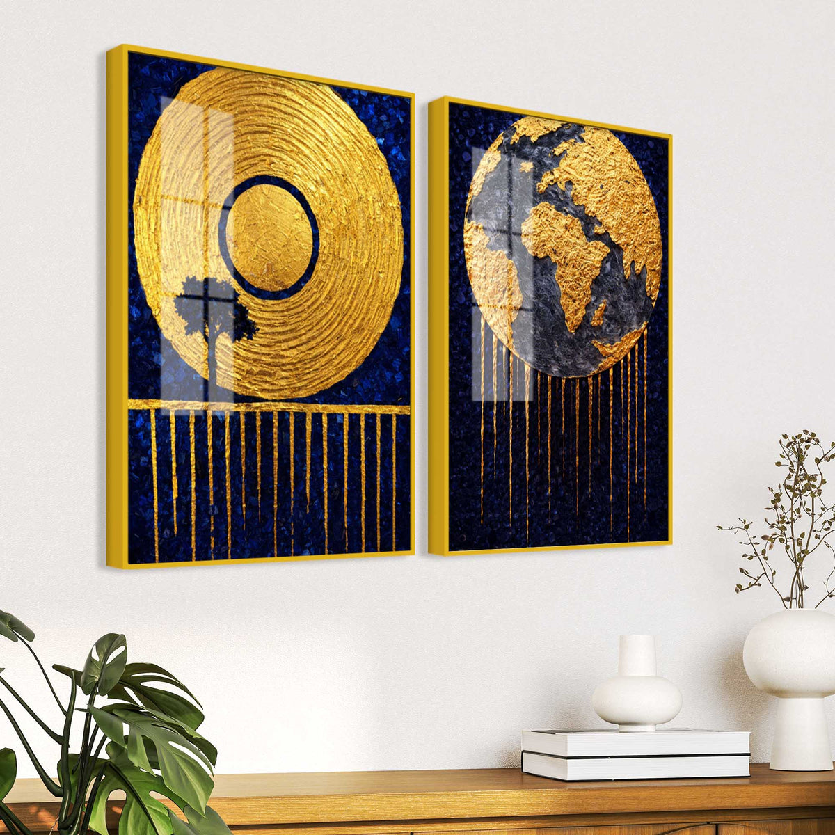 Luxury Blue and Gold Cosmic Earth Acrylic Floating Wall Painting Set of 2
