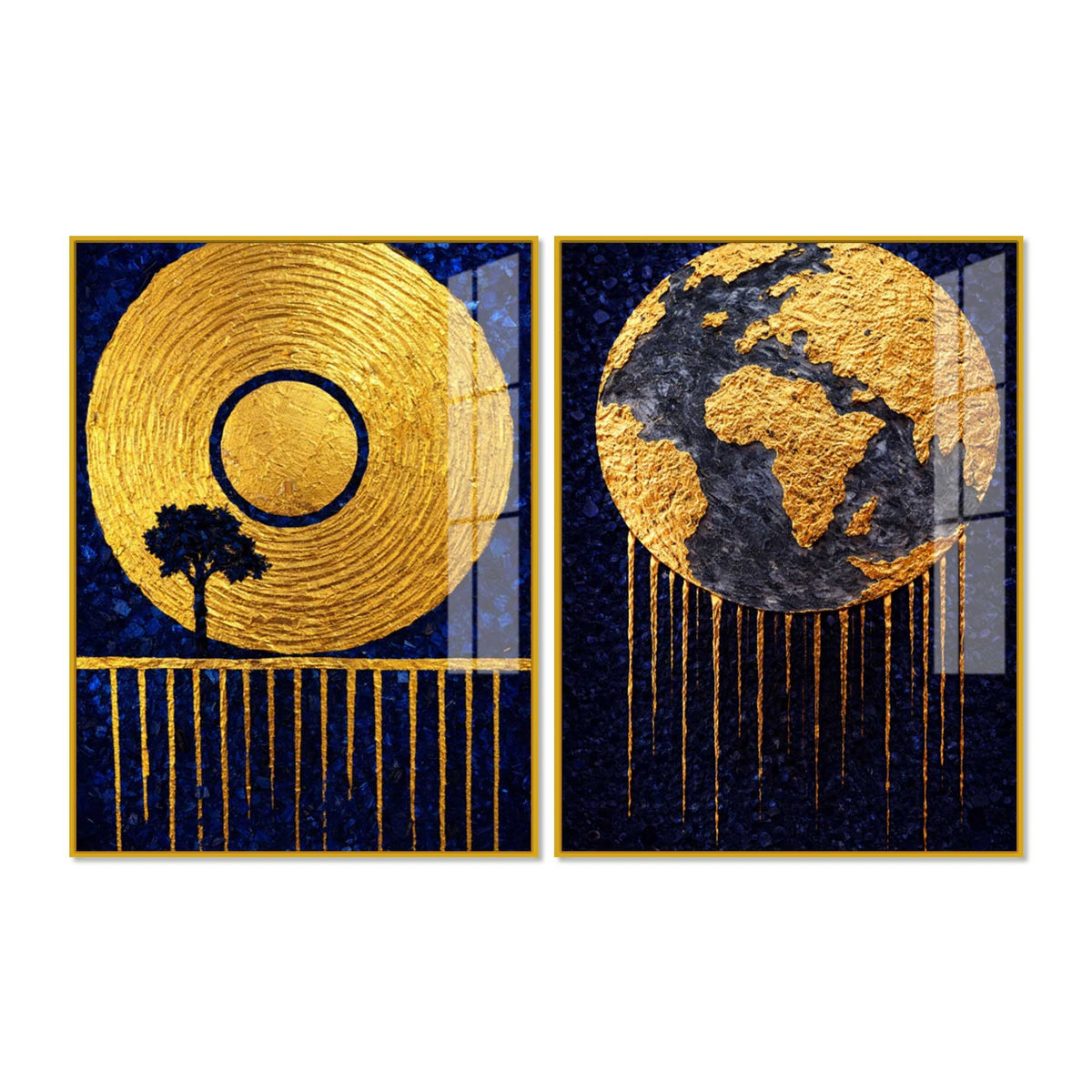 Luxury Blue and Gold Cosmic Earth Acrylic Floating Wall Painting Set of 2