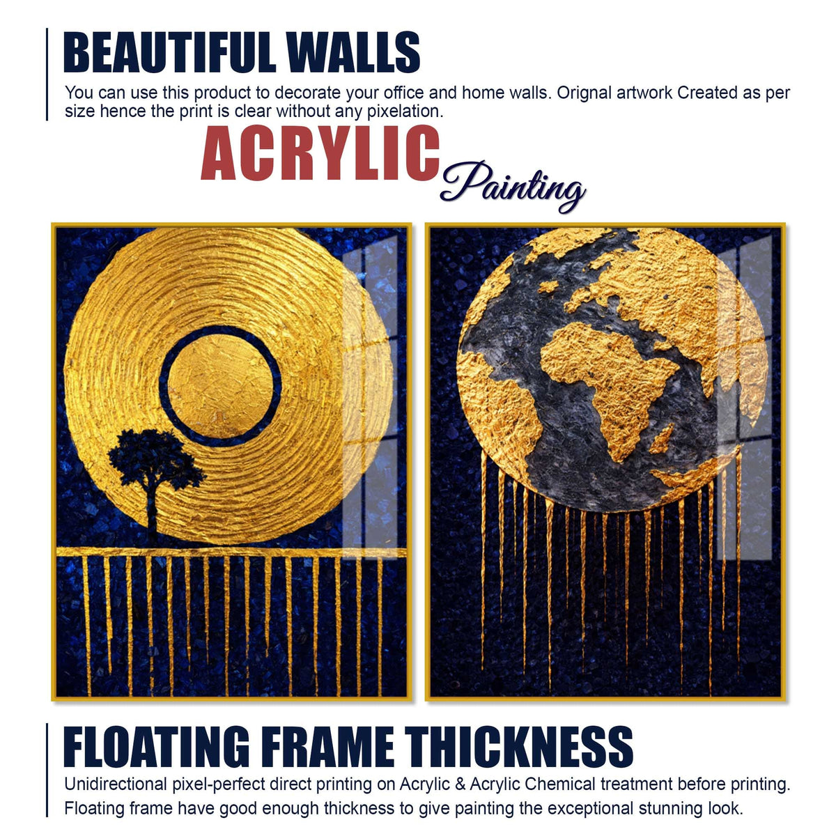 Luxury Blue and Gold Cosmic Earth Acrylic Floating Wall Painting Set of 2