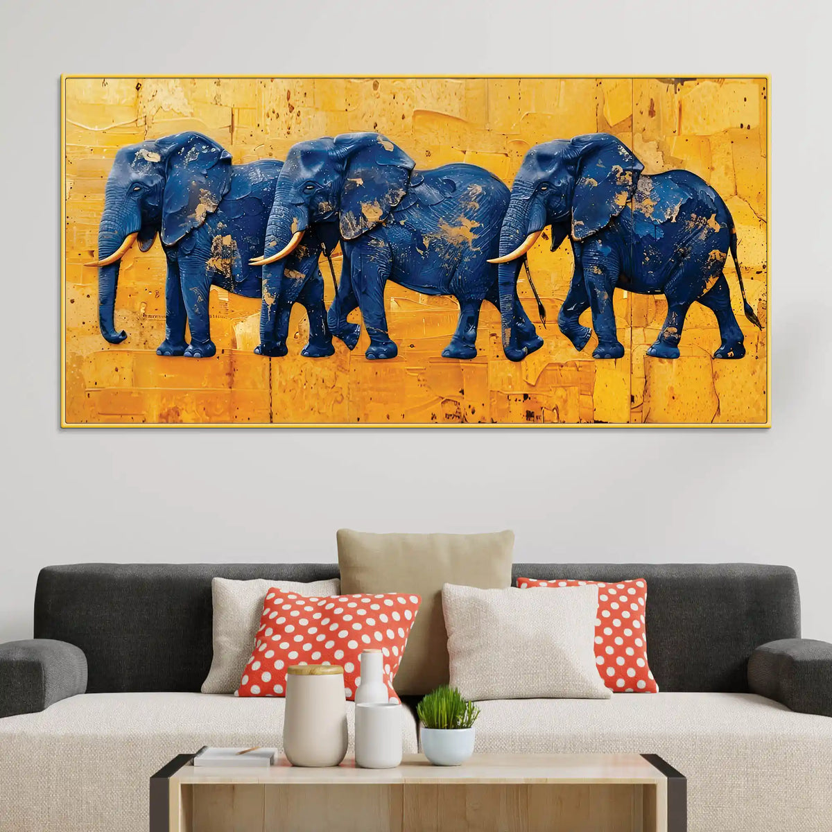 Luxury Blue Elephant Parade Abstract Canvas Wall Painting