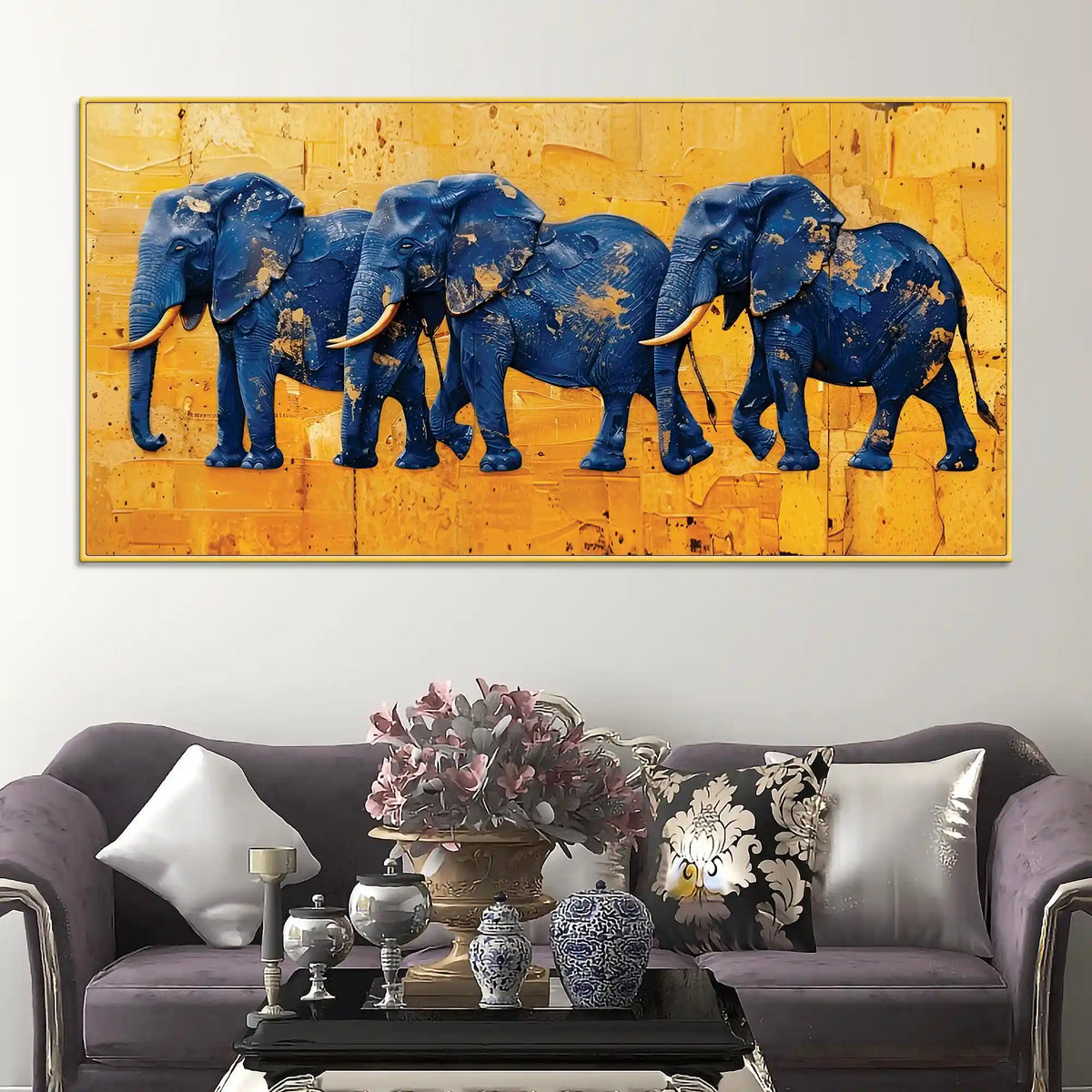 Luxury Blue Elephant Parade Abstract Canvas Wall Painting