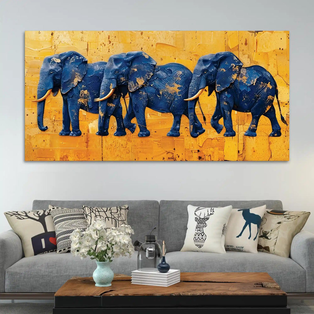 Luxury Blue Elephant Parade Abstract Canvas Wall Painting