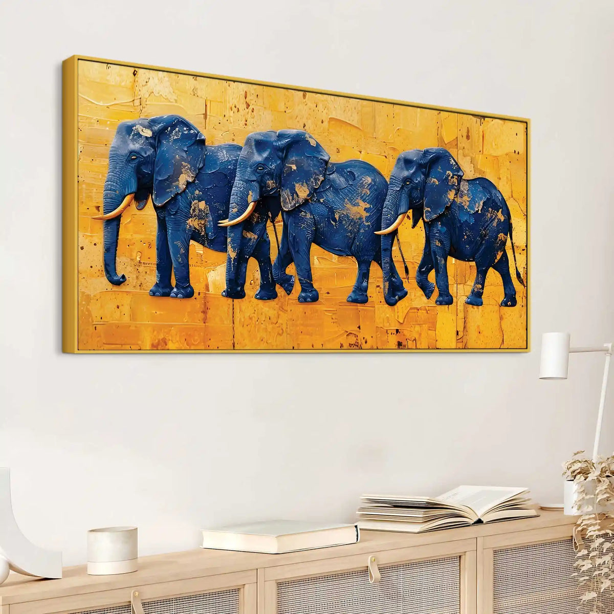 Luxury Blue Elephant Parade Abstract Canvas Wall Painting