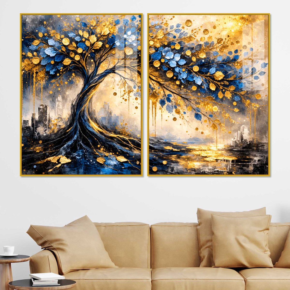 Luxury Blue & Golden Tree of Prosperity Acrylic Floating Wall Painting Set of 2