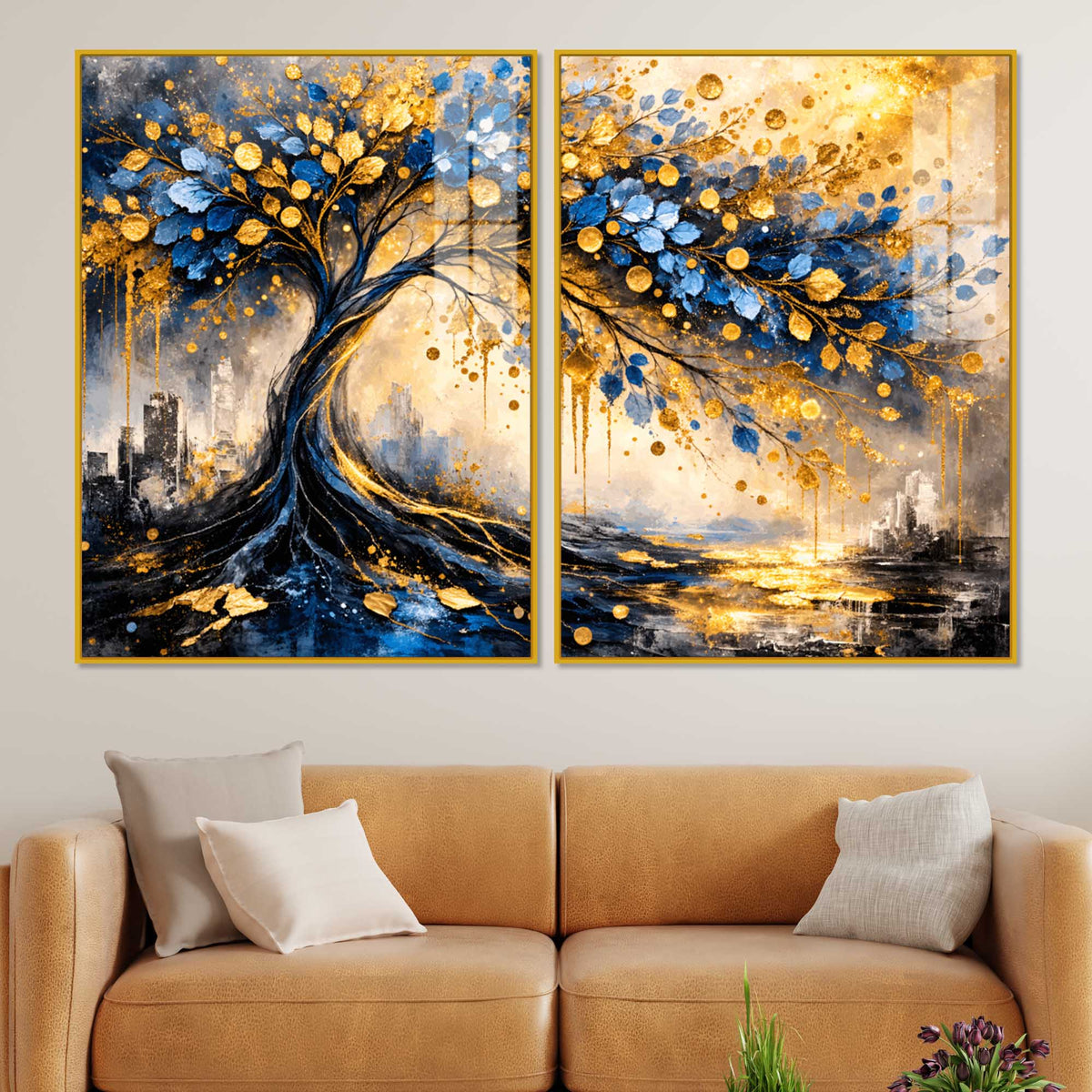 Luxury Blue & Golden Tree of Prosperity Acrylic Floating Wall Painting Set of 2