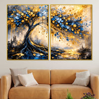 Luxury Blue & Golden Tree of Prosperity Acrylic Floating Wall Painting Set of 2