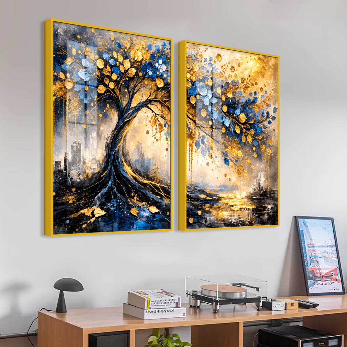 Luxury Blue & Golden Tree of Prosperity Acrylic Floating Wall Painting Set of 2
