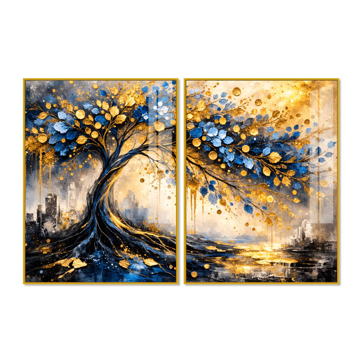 Luxury Blue & Golden Tree of Prosperity Acrylic Floating Wall Painting Set of 2