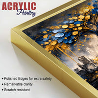 Luxury Blue & Golden Tree of Prosperity Acrylic Floating Wall Painting Set of 2