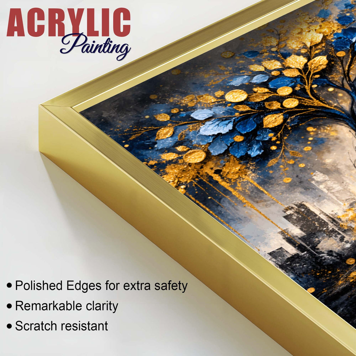 Luxury Blue & Golden Tree of Prosperity Acrylic Floating Wall Painting Set of 2