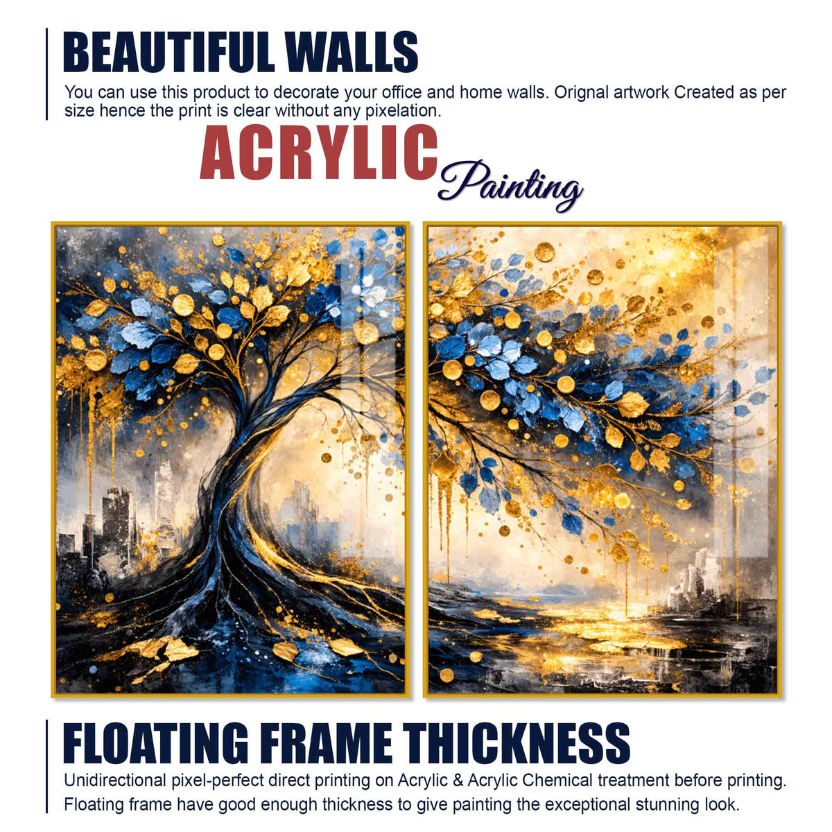 Luxury Blue & Golden Tree of Prosperity Acrylic Floating Wall Painting Set of 2