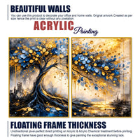 Luxury Blue & Golden Tree of Prosperity Acrylic Floating Wall Painting Set of 2