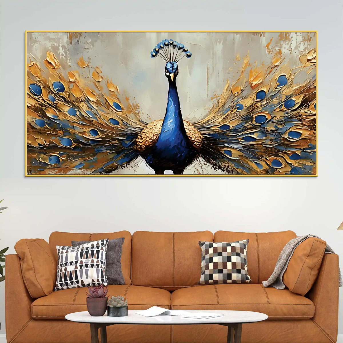 Luxury Blue Peacock Opening Feathers Abstract Canvas Wall Painting
