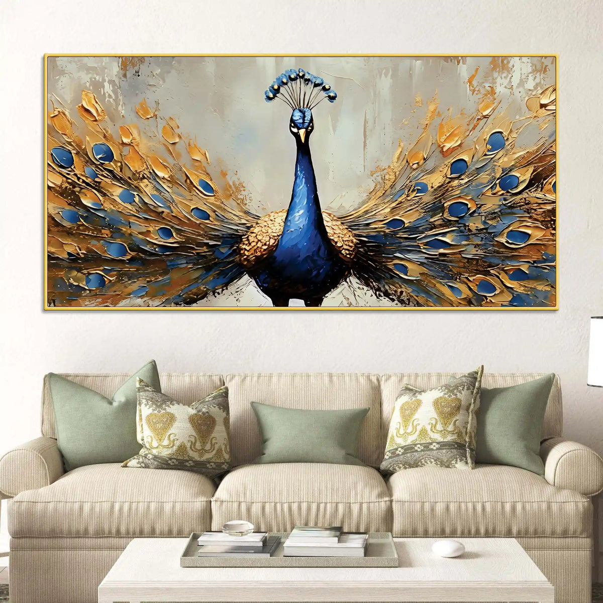 Luxury Blue Peacock Opening Feathers Abstract Canvas Wall Painting