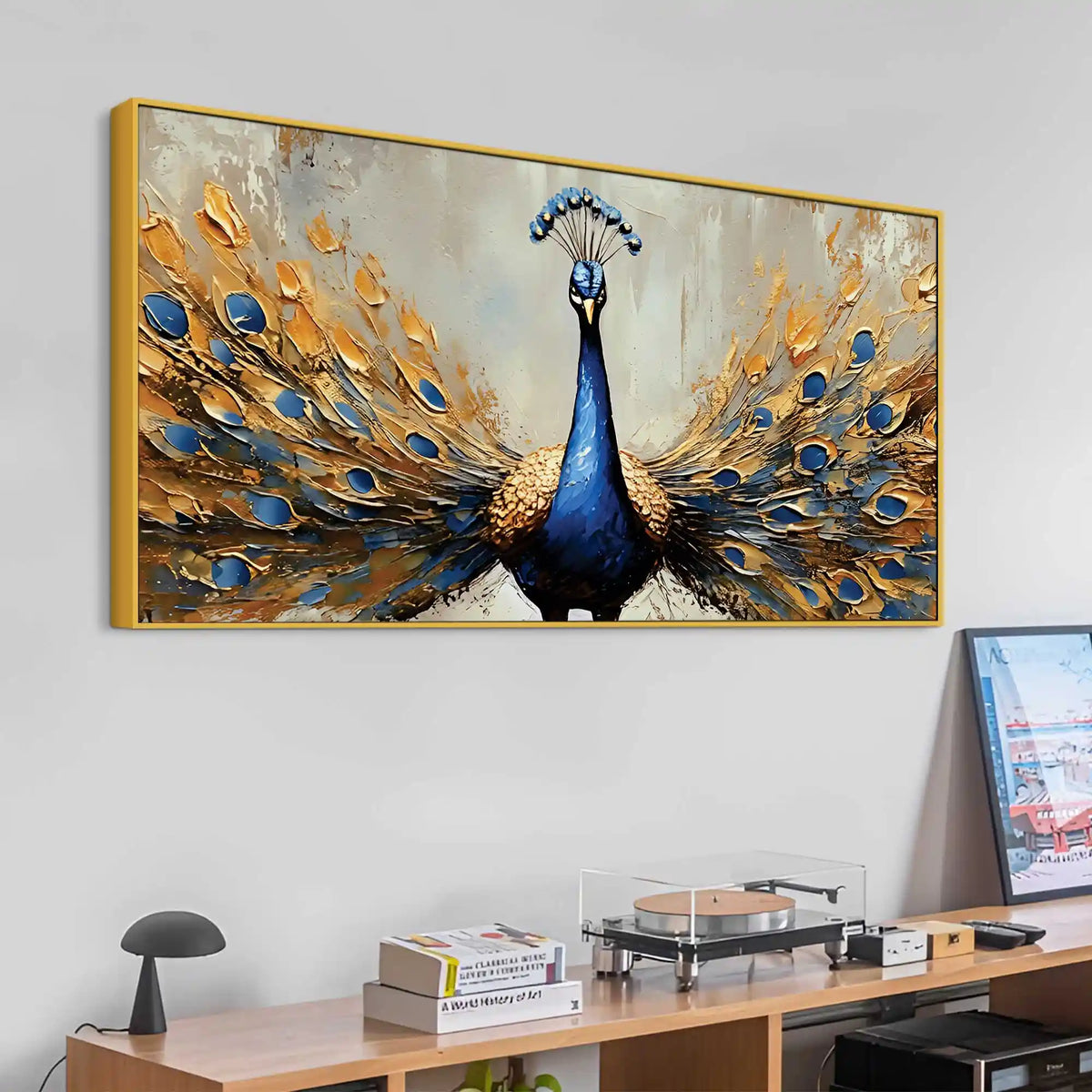 Luxury Blue Peacock Opening Feathers Abstract Canvas Wall Painting