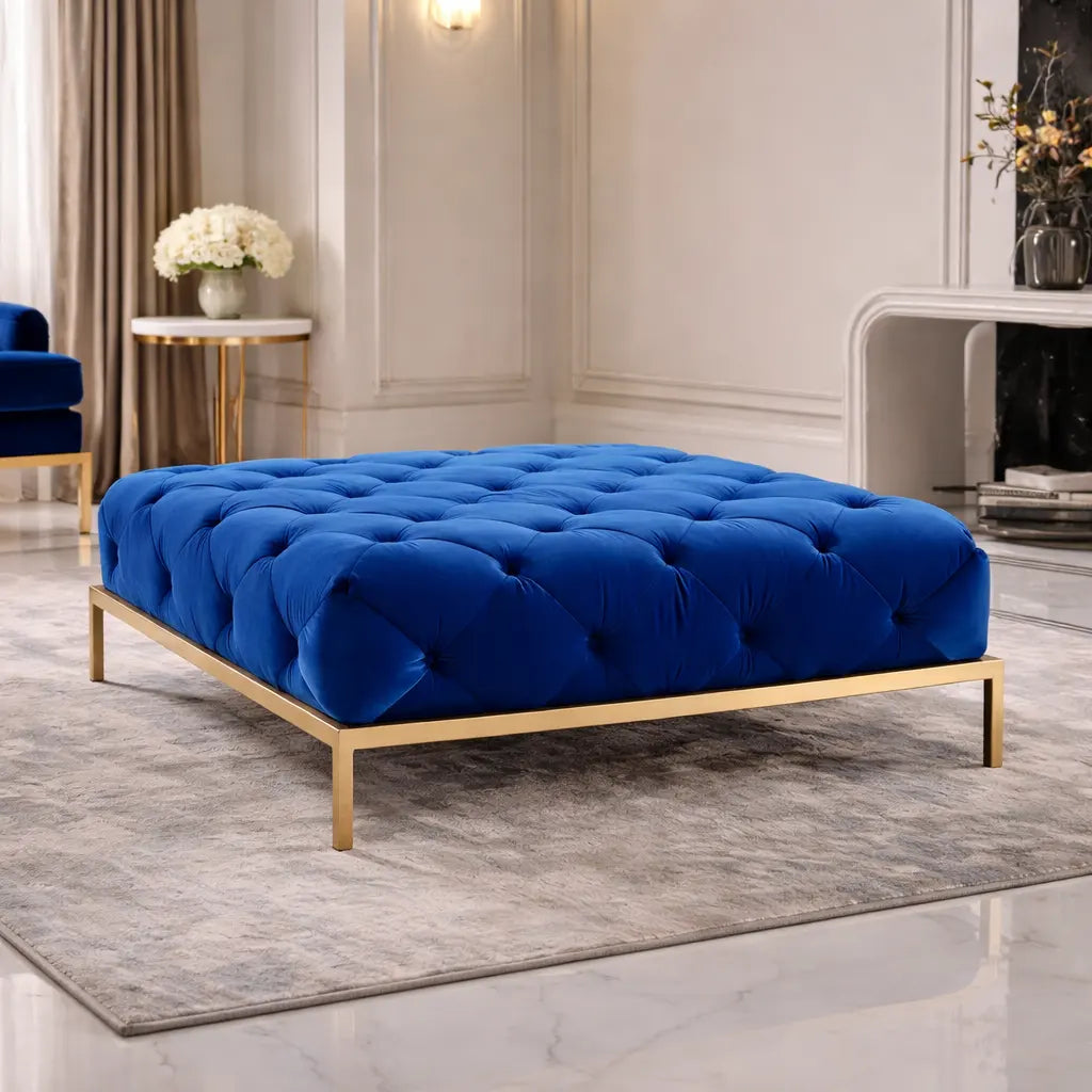 Luxury Blue Tufted Ottoman
