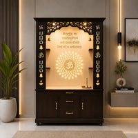 Luxury Brown Finish Wooden Floor Temple for Home & Office with LED OM Panel Drawer & Cabinet Storage for Home & Office