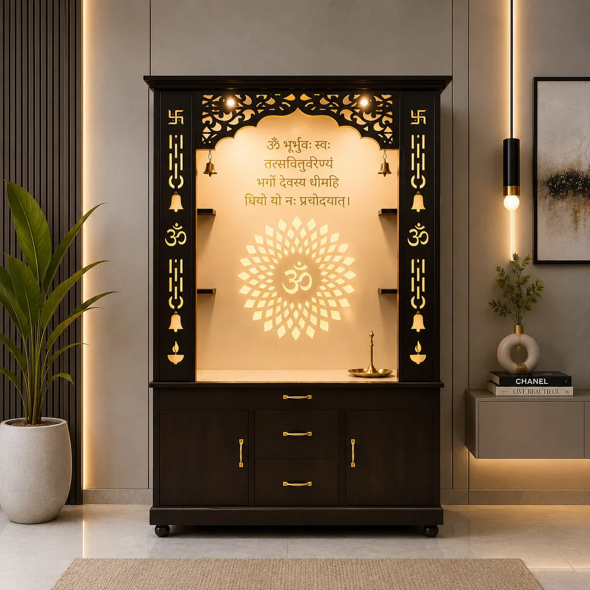 Luxury Brown Finish Wooden Floor Temple for Home & Office with LED OM Panel Drawer & Cabinet Storage for Home & Office
