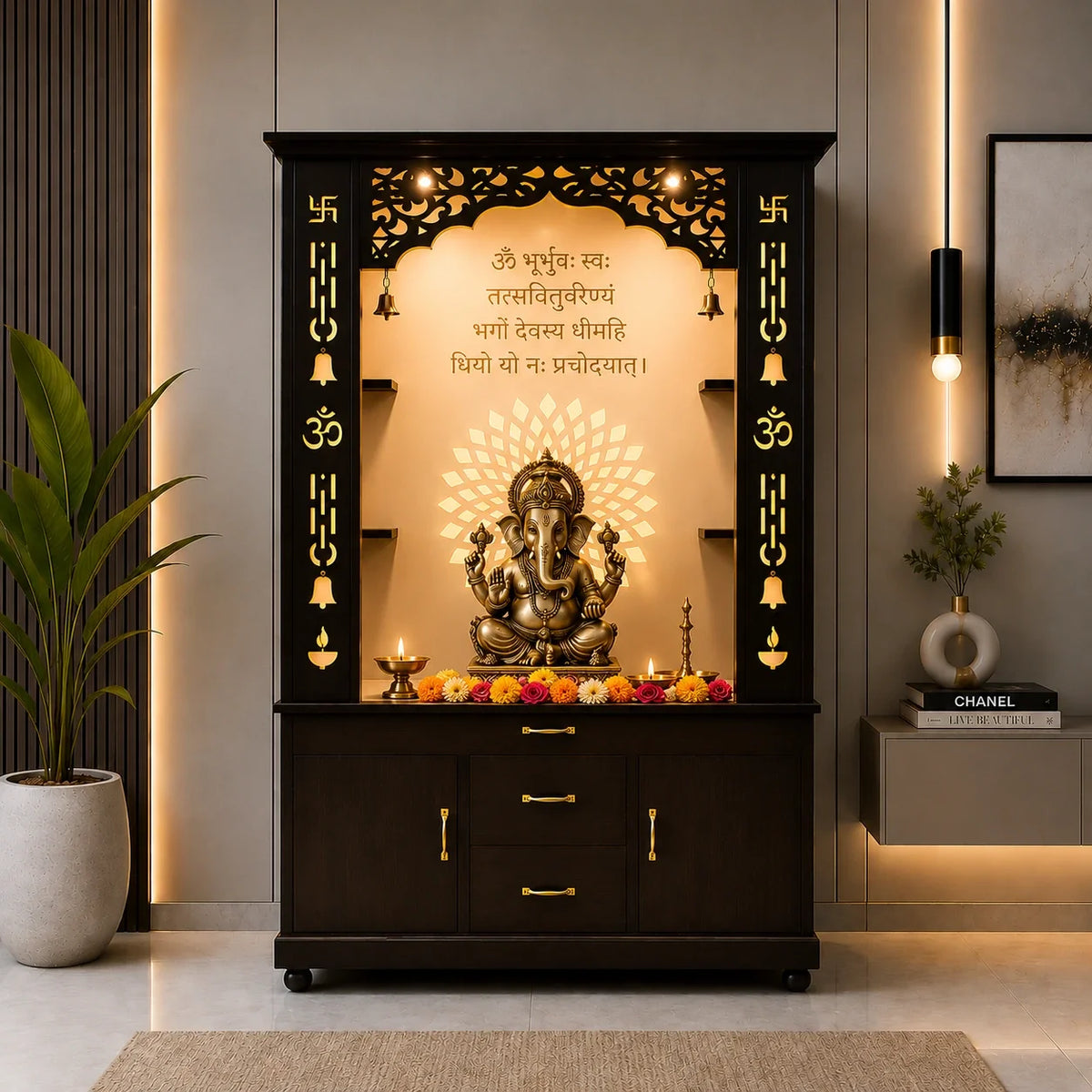 Luxury Brown Finish Wooden Floor Temple for Home & Office with LED OM Panel Drawer & Cabinet Storage for Home & Office