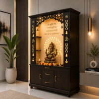 Luxury Brown Finish Wooden Floor Temple for Home & Office with LED OM Panel Drawer & Cabinet Storage for Home & Office