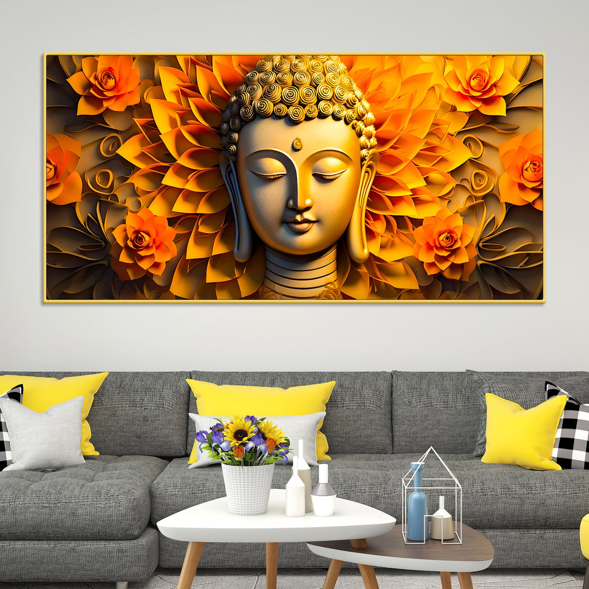 Luxury Buddha Face Wall Painting with Floral Background