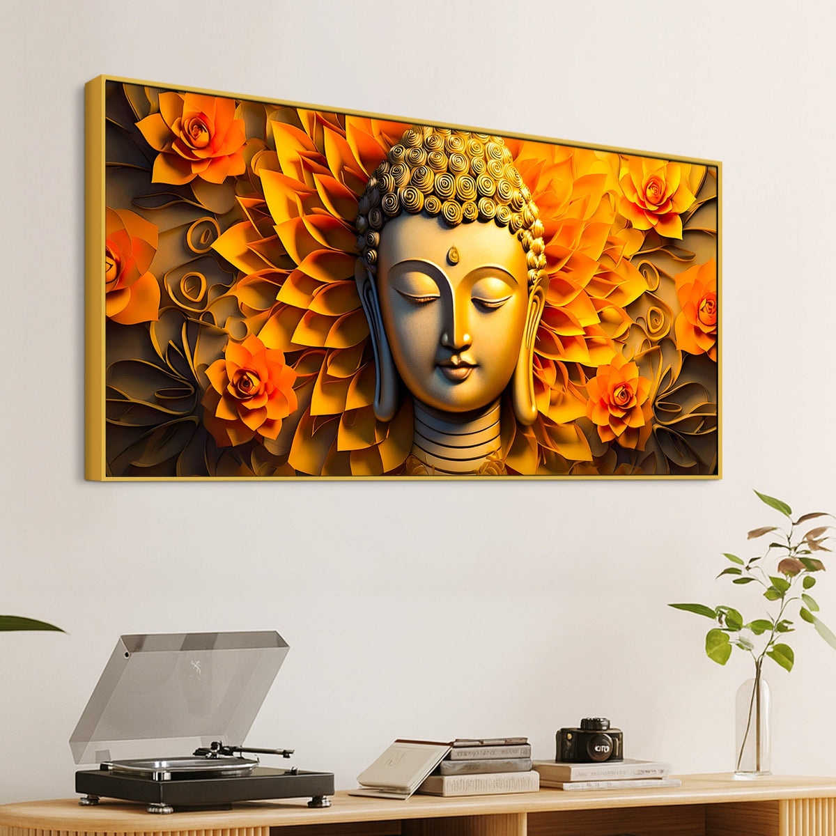 Luxury Buddha Face Wall Painting with Floral Background