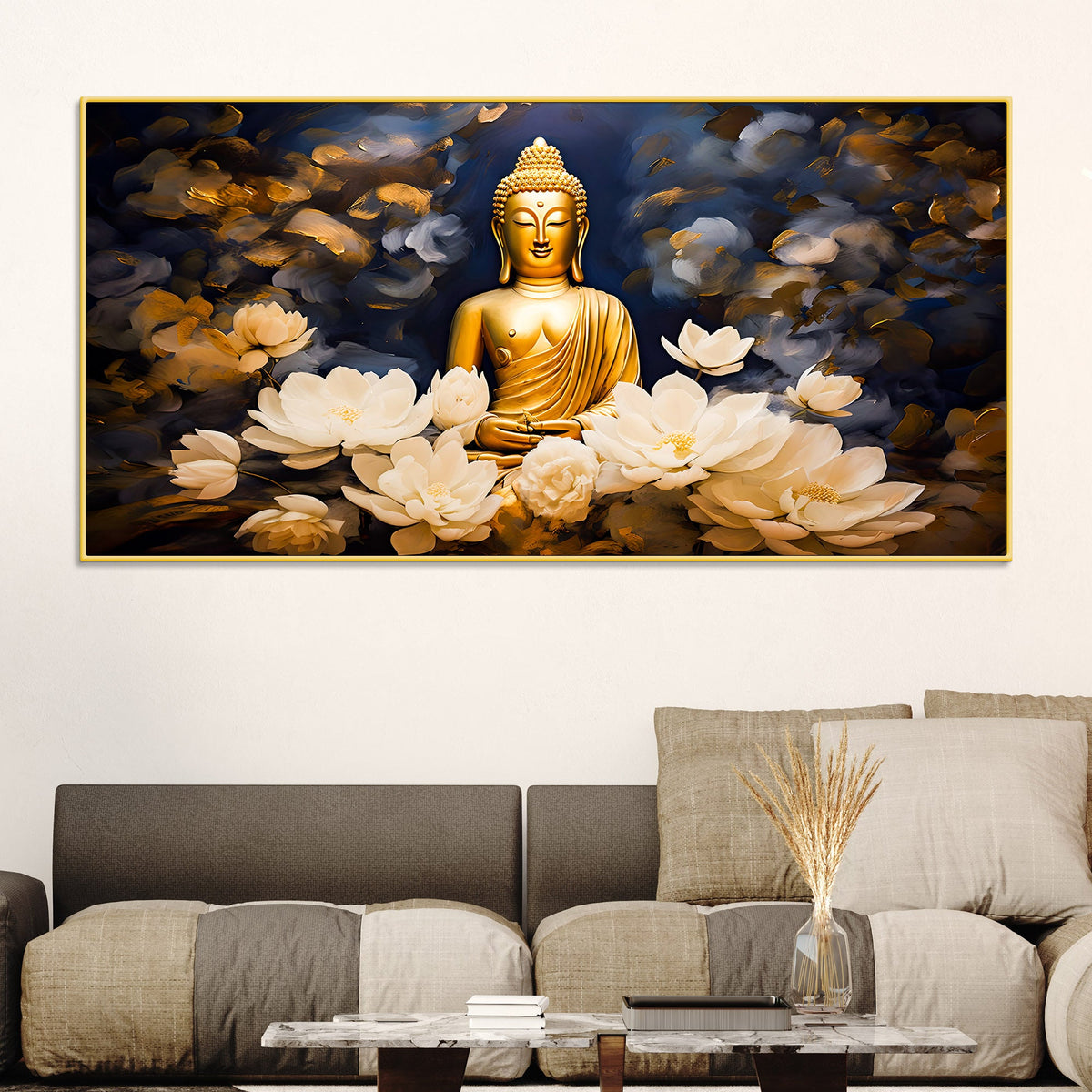 Luxury Buddha Meditation Wall Painting with White Lotus Art