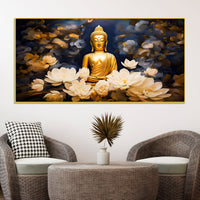 Luxury Buddha Meditation Wall Painting with White Lotus Art
