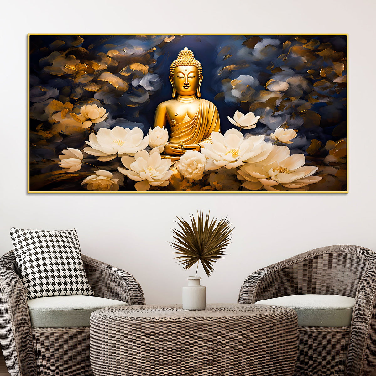 Luxury Buddha Meditation Wall Painting with White Lotus Art