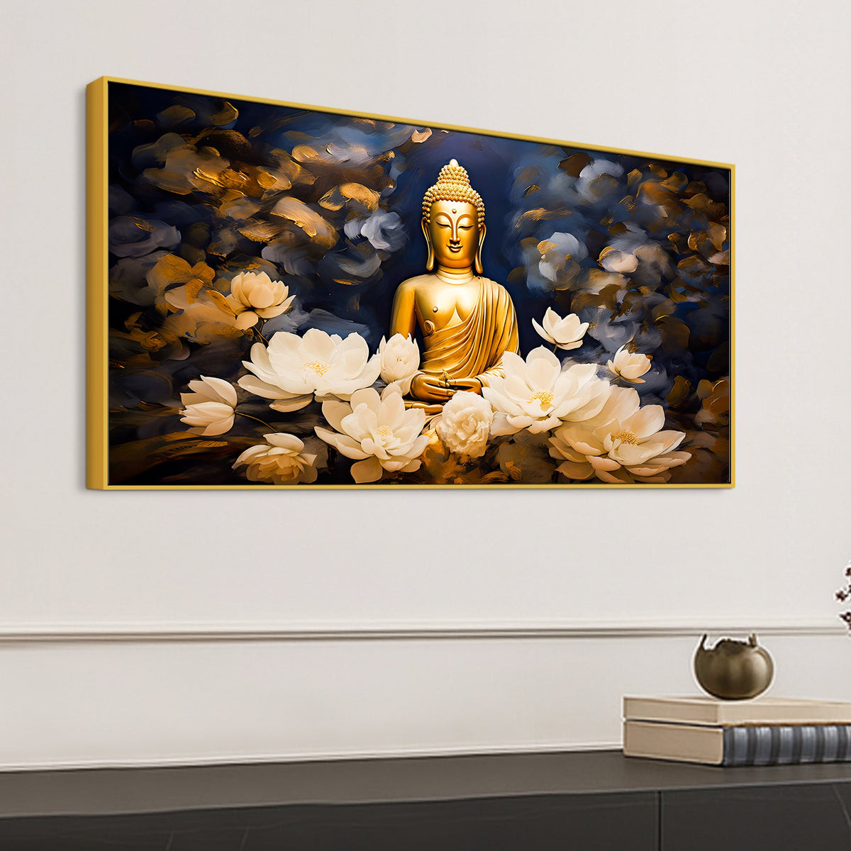 Luxury Buddha Meditation Wall Painting with White Lotus Art