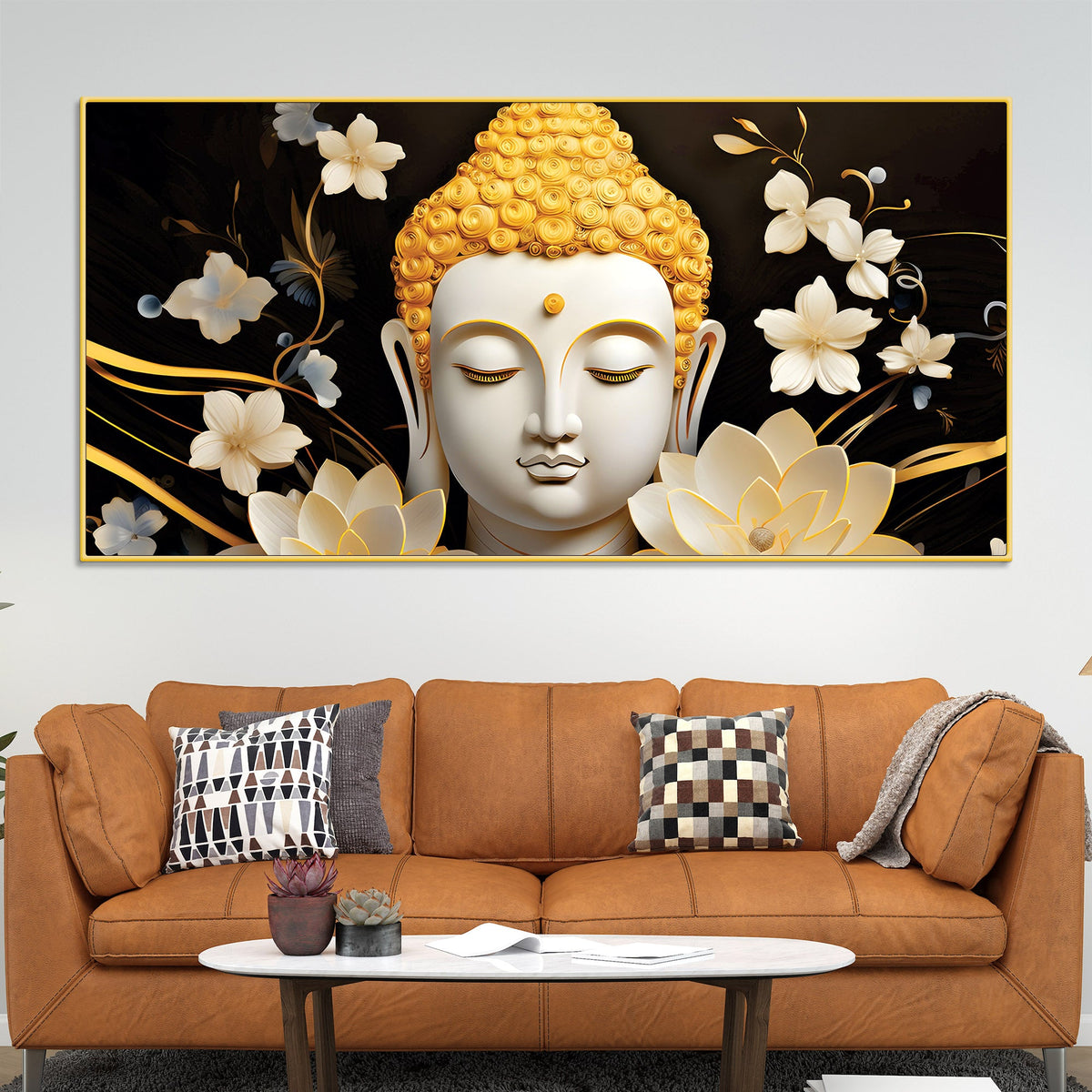Luxury Buddha Wall Painting with Blooming Floral Background