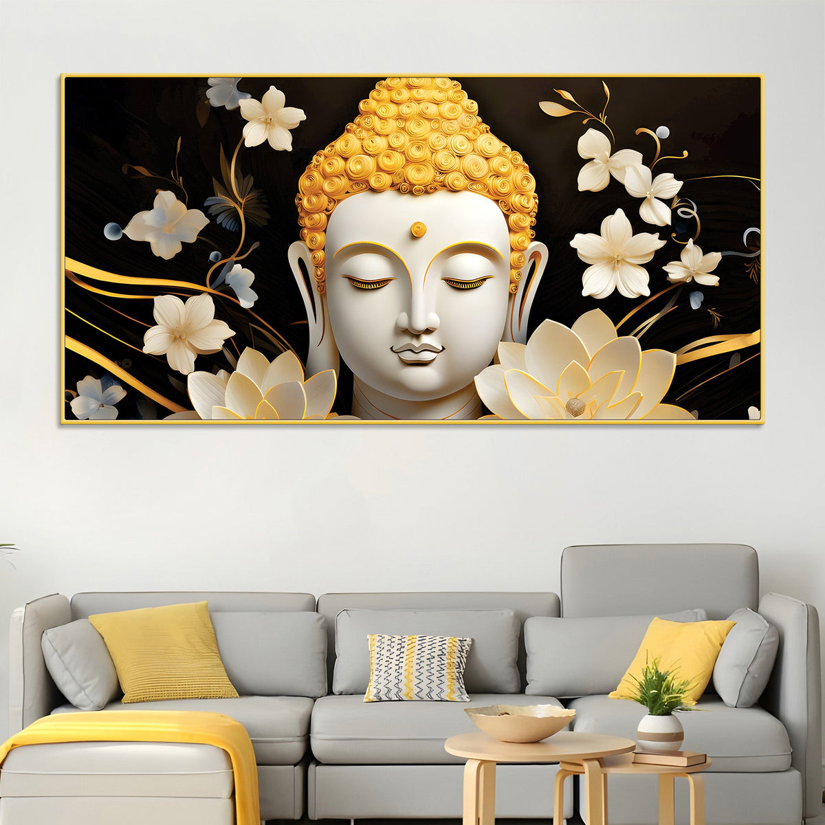 Luxury Buddha Wall Painting with Blooming Floral Background