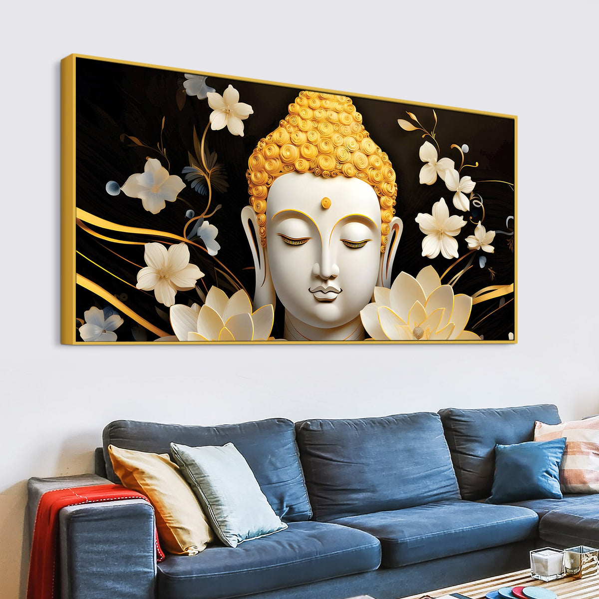 Luxury Buddha Wall Painting with Blooming Floral Background