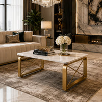Luxury Center Table with White Marble Finish and Gold Frame
