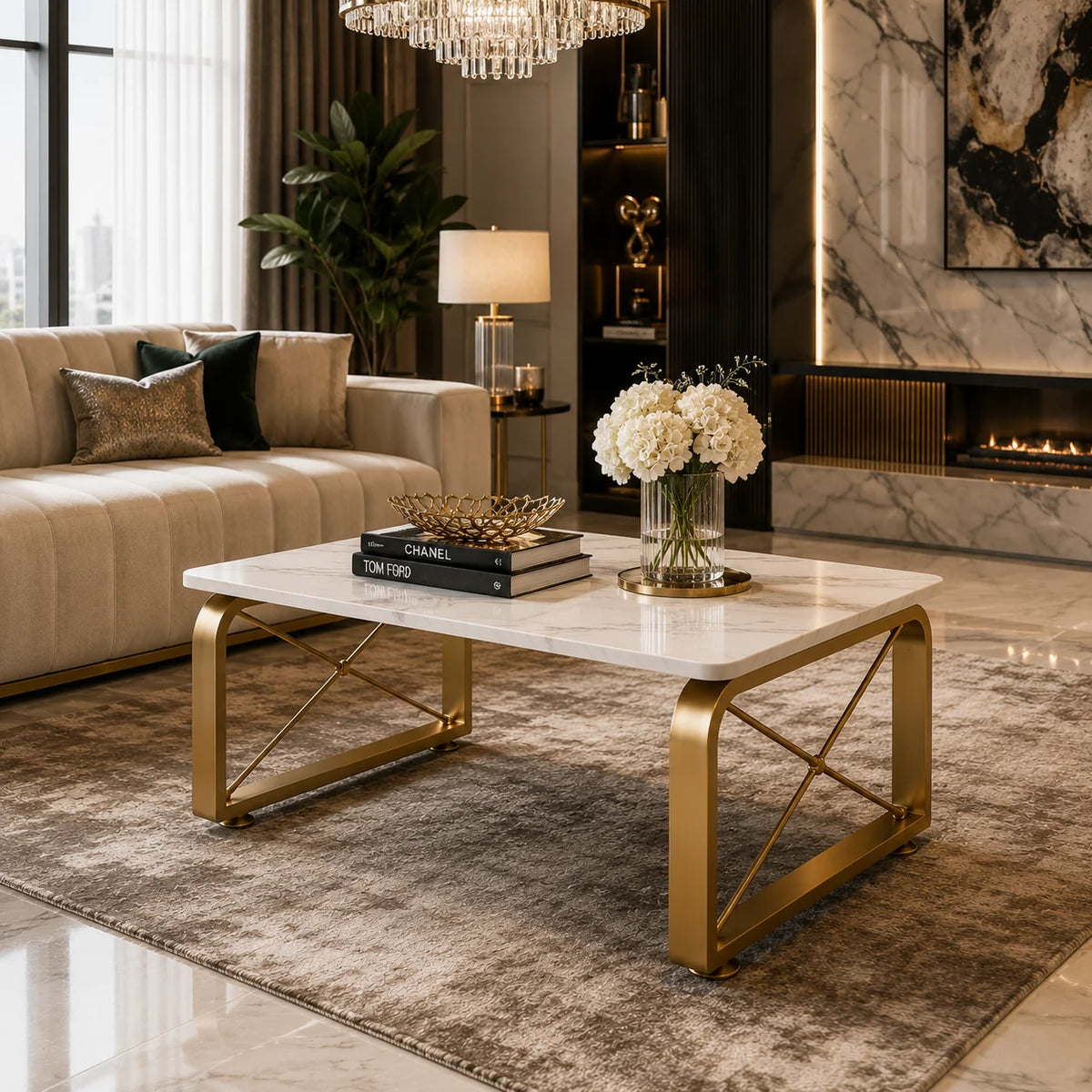 Luxury Center Table with White Marble Finish and Gold Frame