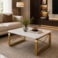 Luxury Center Table with White Marble Finish and Gold Frame
