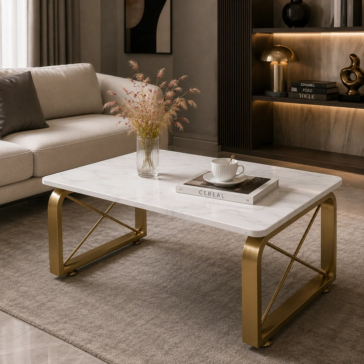 Luxury Center Table with White Marble Finish and Gold Frame