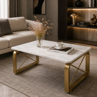 Luxury Center Table with White Marble Finish and Gold Frame