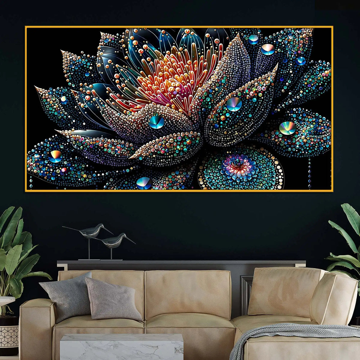 Luxury Crystal Lotus Flower Floating Frame Wall Painting