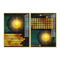 Luxury Decorative Golden Circles and Lines Dark Shape Acrylic Floating Wall Painting Set of 2